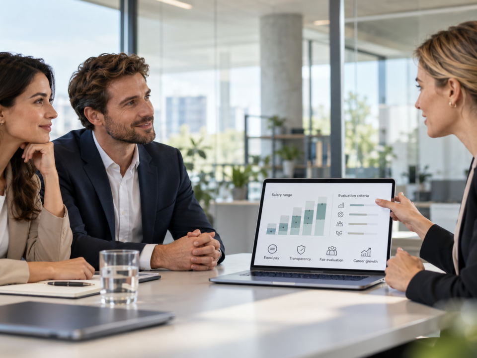 Riunione in ufficio tra HR e manager sulla trasparenza salariale