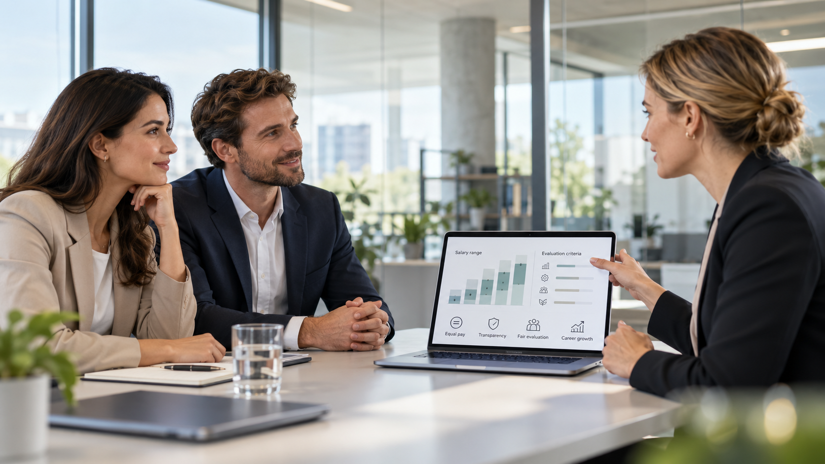 Riunione in ufficio tra HR e manager sulla trasparenza salariale